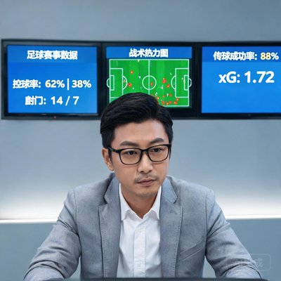 资深足球数据分析师陈浩南，戴眼镜，穿休闲西装，背景有数据屏幕
