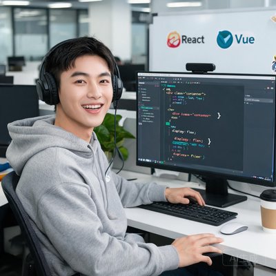 前端开发负责人赵凯，年轻，戴耳机，充满活力